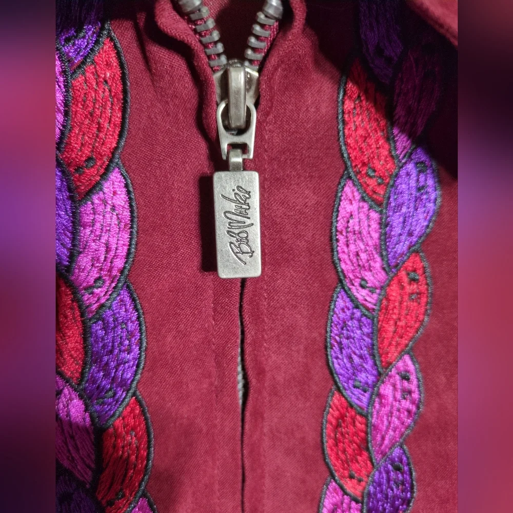 Bob Mackie Zippered Jacket 2X Wearable Art Cranberry Embroidery Tassels Lined - Picture 5 of 14